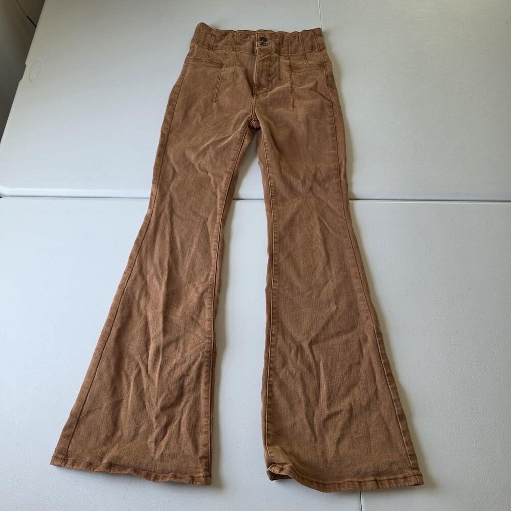 We The Free Pants Womens 28 Brown Flare Leg Twill Khakis Elastic Waist Stretch